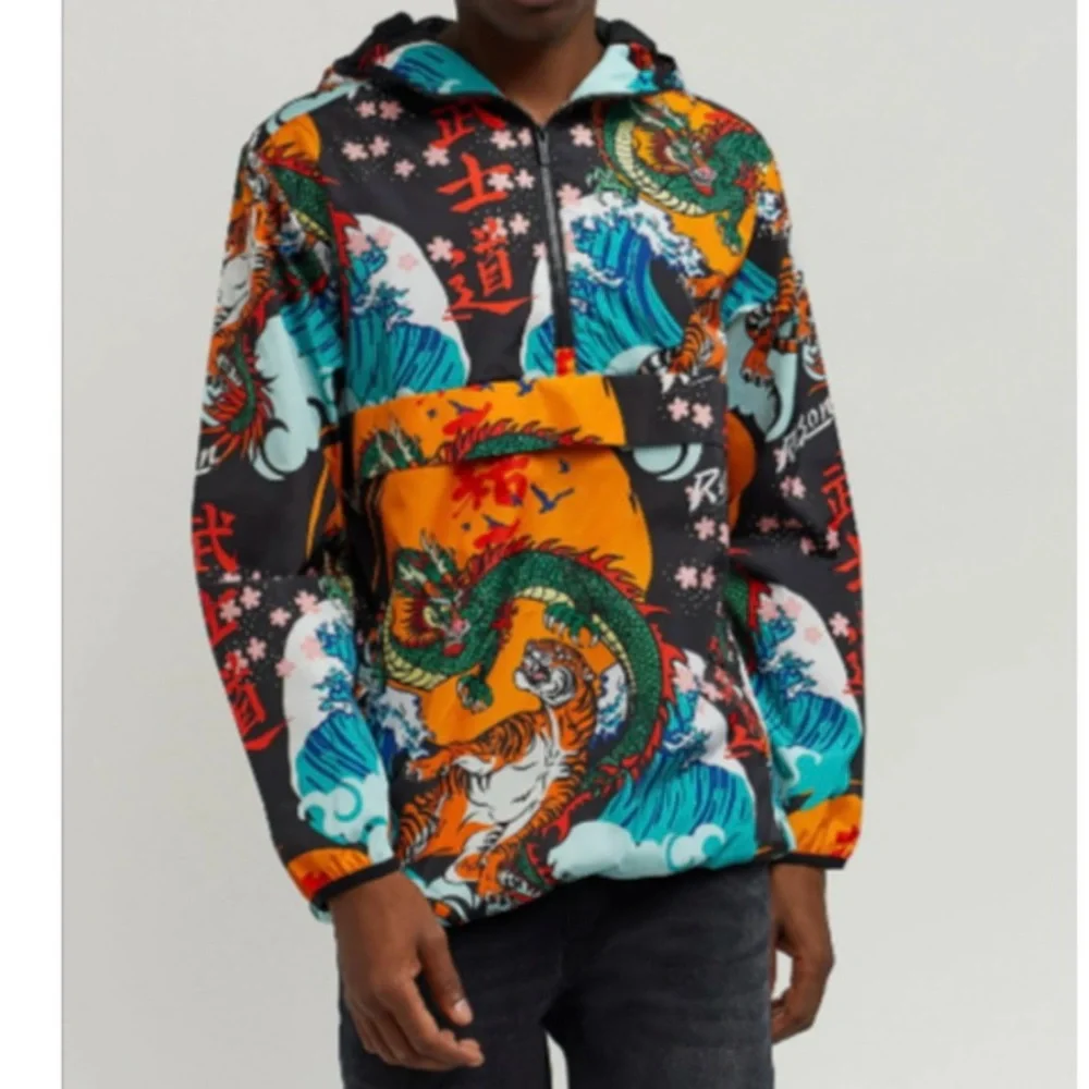 Reason Clothing Kanji Japan Print Dragon Half-Zip Anorak Hoodie Jacket Sz Medium